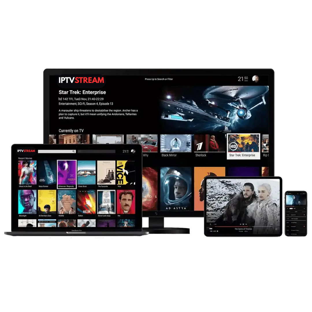 IPTV STREAM service interface across multiple devices - laptop, desktop, tablet, and mobile showing streaming content